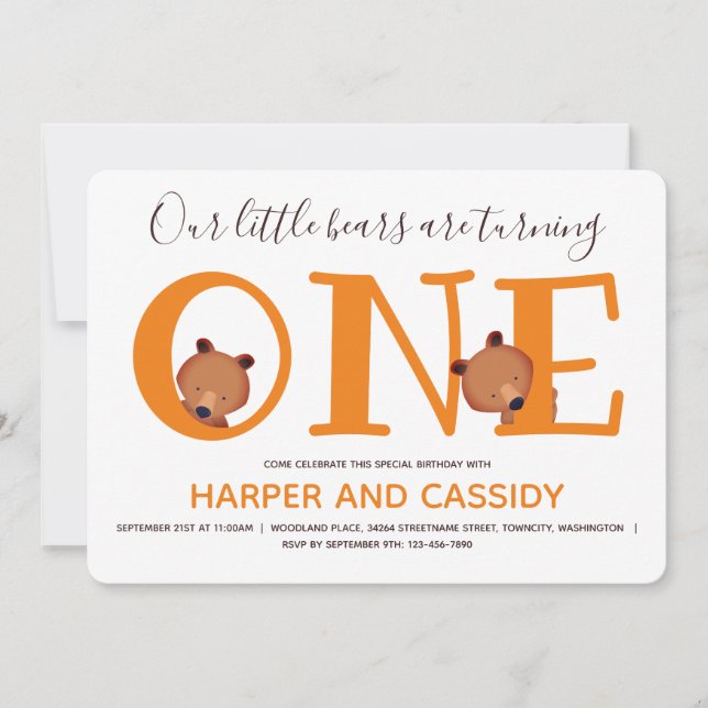 Bear One Cute Animal Twins First Birthday Invitation (Front)