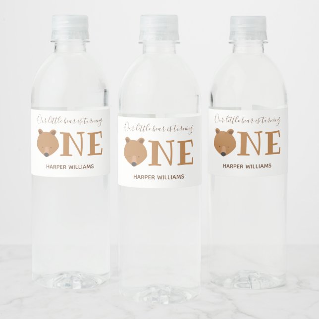 Bear One First Birthday Water Bottle Label (Bottles)