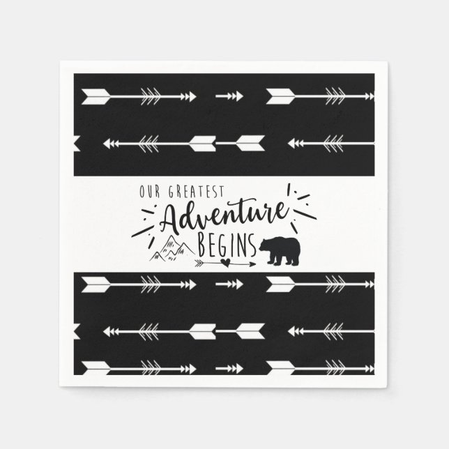Bear Our Greatest Adventure Black and White arrow Napkin (Front)