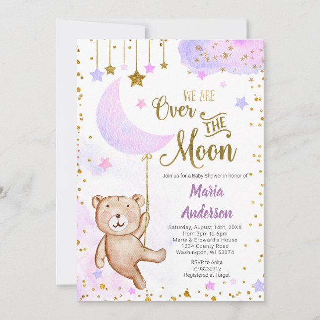 Bear Over The Moon Lilac Baby Shower Invitation (Front)