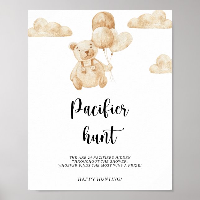 Bear pacifier hunt baby shower game poster (Front)
