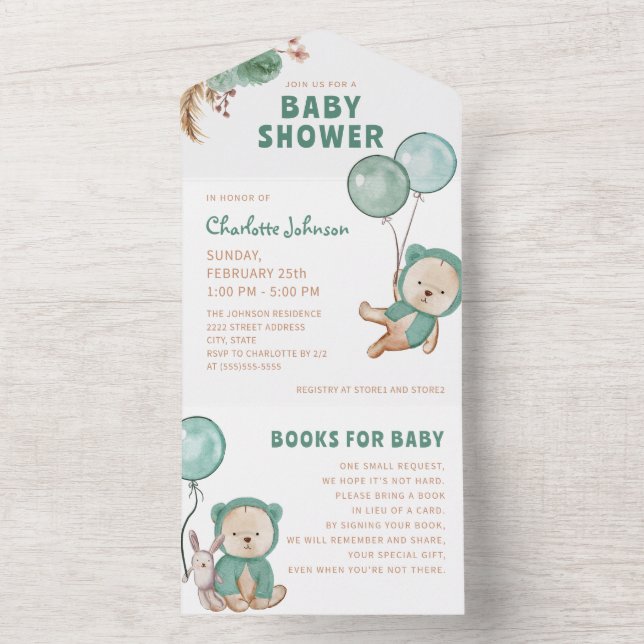 Bear Pampas Gender Neutral Boho Baby Shower All In One Invitation (Inside)