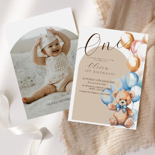 Bear Pastel First Birthday Invitation with Photo