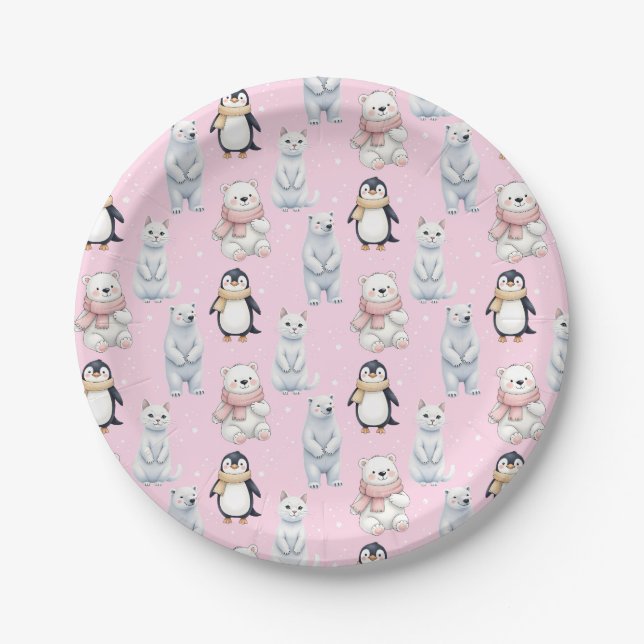 Bear penguin cat Seamless Pattern Paper Plates  (Front)