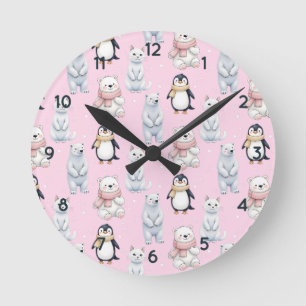 Bear penguin cat Seamless Pattern  Round Clock