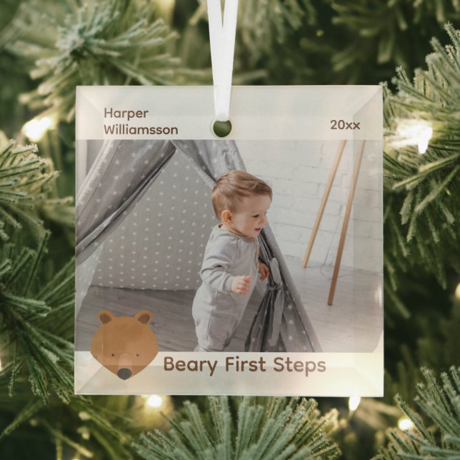 Bear Photo Baby First Steps Christmas Glass Tree Decoration (Insitu)
