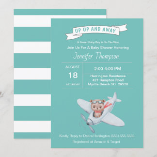 Bear Pilot and Aeroplane Baby Shower Invitation