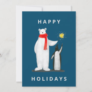 Bear & Pinguin on Blue Background  Holiday Card
