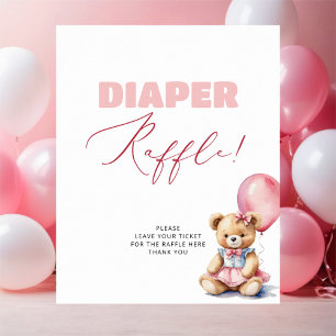 Bear Pink Balloon Girl Baby Shower Diaper Raffle Poster