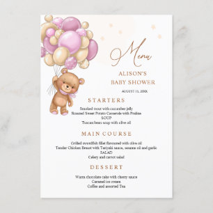 Bear Pink Balloons Baby Shower Menu