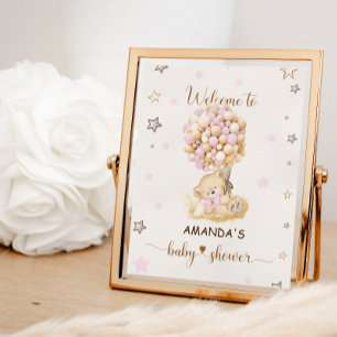 Bear pink balloons baby shower Pink welcome sign