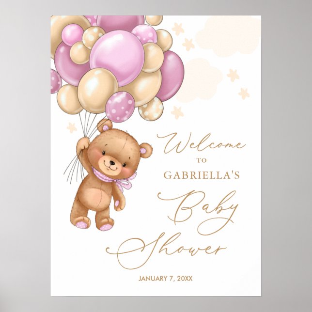 Bear Pink Balloons Baby Shower Welcome Poster (Front)