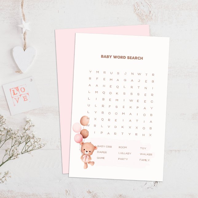 Bear & Pink Balloons Baby Shower Word Search Game (Bear & Pink Balloons Baby Shower Word Search Game on a boho wooden table.)
