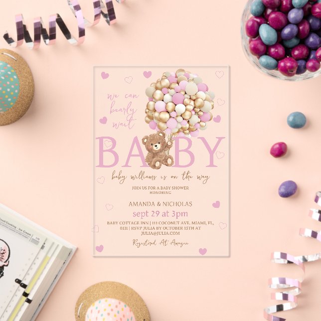 Bear Pink Balloons Girl Baby Shower  Acrylic Invitations (Insitu (Celebration))