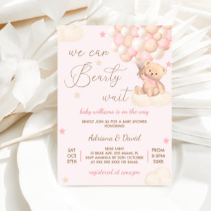 Bear Pink Balloons Girl Baby Shower Cute Invitation