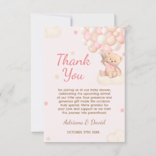 Bear Pink Balloons Girl Baby Shower Thank You Card