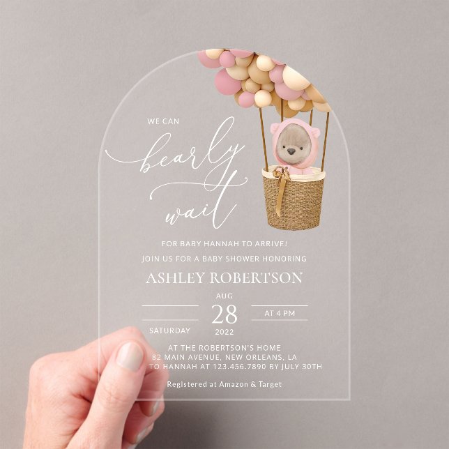Bear, Pink Balloons, Hot Air Balloon, Baby Shower Acrylic Invitations (Insitu (Handheld))