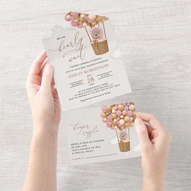 Bear, Pink Balloons, Hot Air Balloon, Baby Shower All In One Invitation (Tearaway)