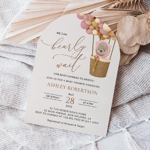 Bear, Pink Balloons, Hot Air Balloon, Baby Shower Invitation