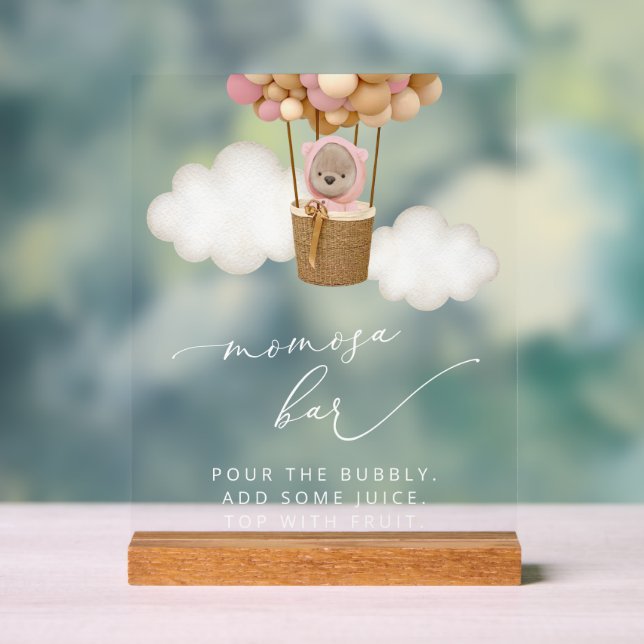 Bear, Pink Balloons, Hot Air Balloon, Momosa Bar Acrylic Sign (Neutral)