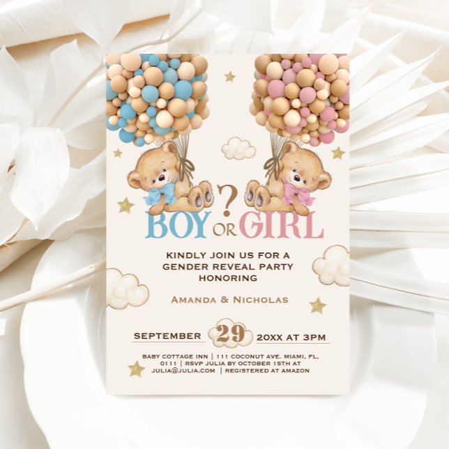 Bear Pink Blue Balloons Bearly Wait Gender Reveal Invitation (Creator Uploaded)