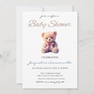 Bear Pink Bow Baby Shower It's a Girl Invitation