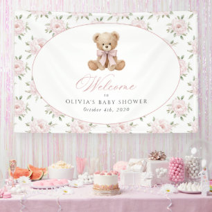 Bear, Pink Bow, Pink Flowers, Baby Shower Welcome Banner