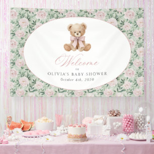 Bear, Pink Bow, Pink Flowers, Baby Shower Welcome Banner