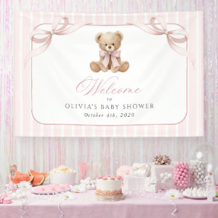 Bear, Pink Bow, Pink Stripes, Baby Shower Welcome Banner