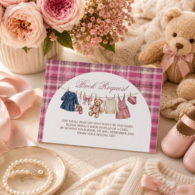 Bear Pink Clothesline Baby Shower Book Request Enclosure Card (Creator Uploaded)