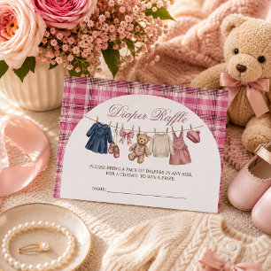 Bear Pink Clothesline Baby Shower Diaper Raffle Enclosure Card