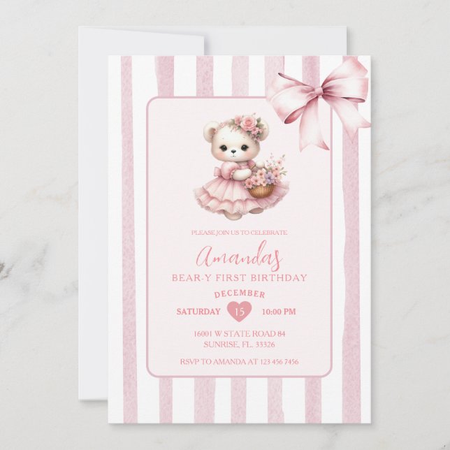 Bear Pink Cute Ribbon First Birthday  Invitation (Front)
