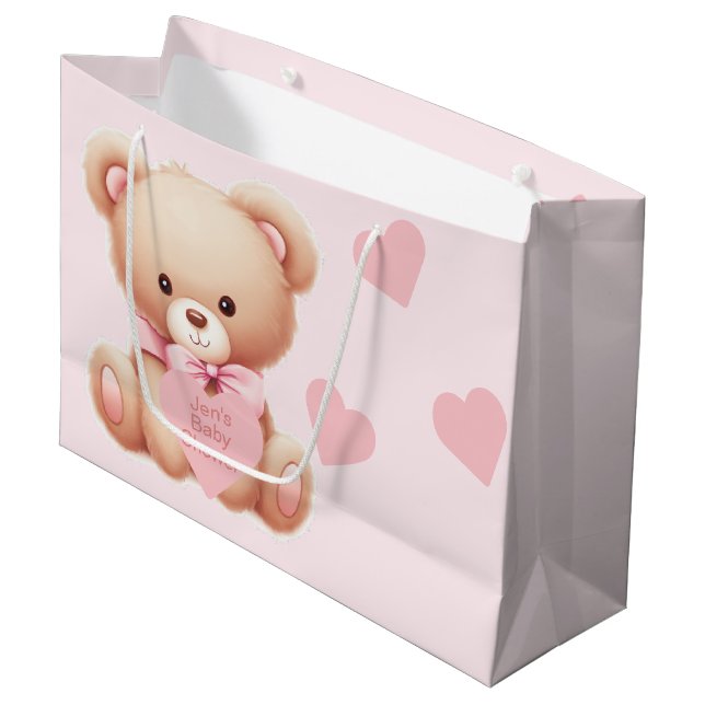 Bear Pink Hearts Baby Shower Large Gift Bag (Front Angled)