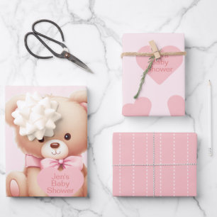Bear Pink Hearts Baby Shower Wrapping Paper Sheet