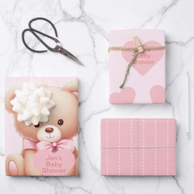 Bear Pink Hearts Baby Shower Wrapping Paper Sheet (Front)