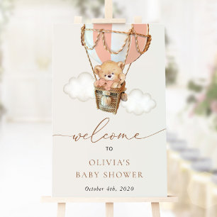Bear, Pink Hot Air Balloon, Baby Shower Welcome Poster