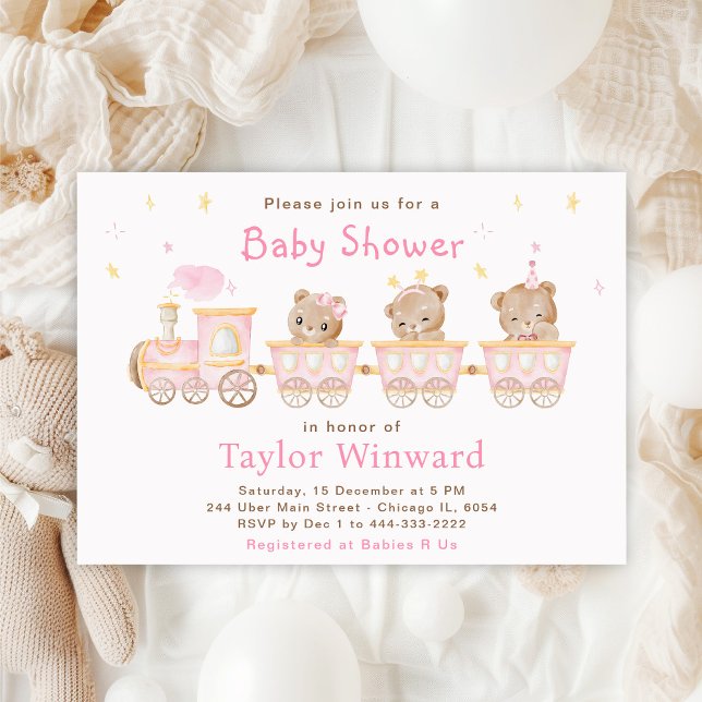 Bear Pink Train Baby Shower Invitation (Creator Uploaded)
