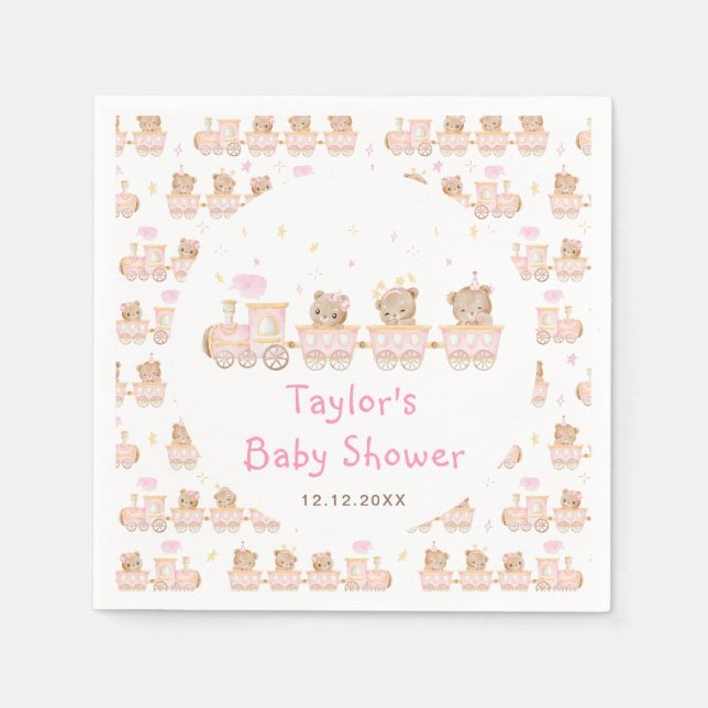 Bear Pink Train Baby Shower Napkin (Front)