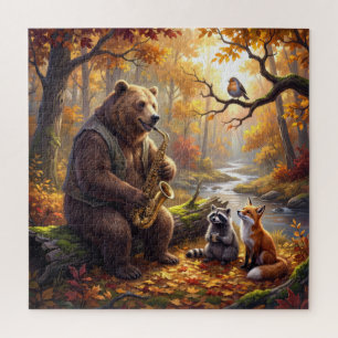 Bear Playing a Saxophone in Autumn Forest Jigsaw Puzzle