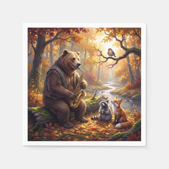 Bear Playing a Saxophone in Autumn Forest Napkin (Front)