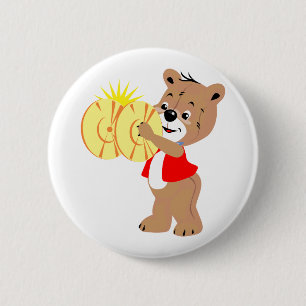 bear playing cymbals red shirt.png 6 cm round badge