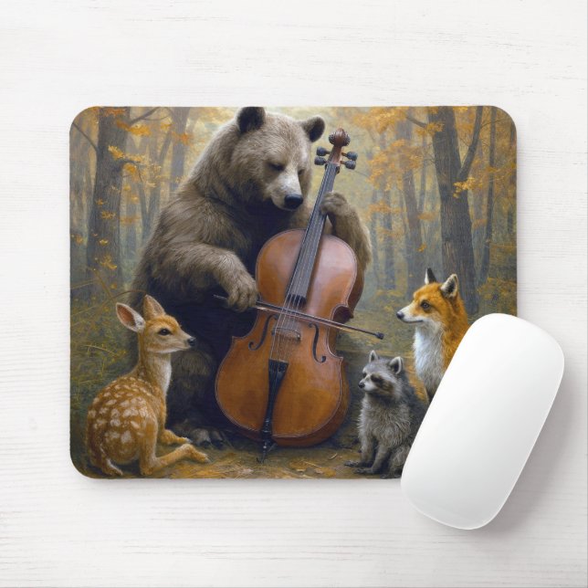 Bear Playing the Cello in Autumn Woods Mouse Pad (With Mouse)