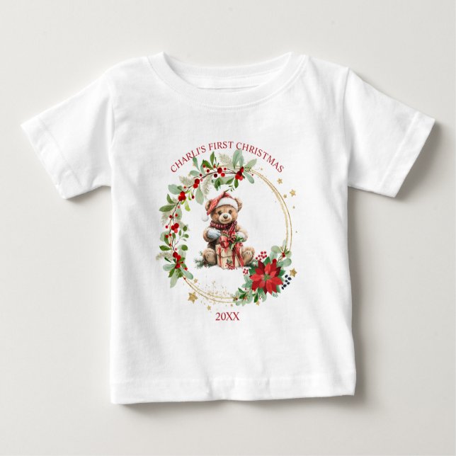 Bear Poinsettia Foliage Baby's First Christmas Baby T-Shirt (Front)
