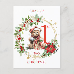 Bear Poinsettia Foliage Baby's First Christmas Postcard