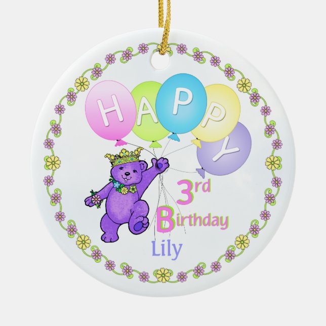 Bear Princess 3rd Birthday Keepsake Ceramic Tree Decoration (Front)