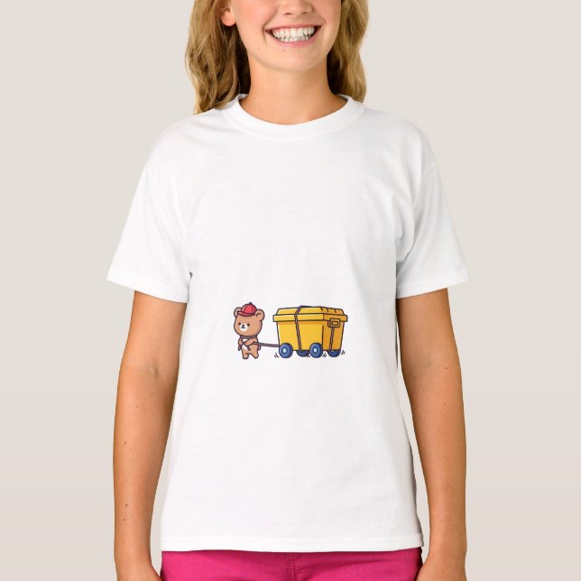 Bear Pulling Yellow Wagon Kids T-Shirt (Front)