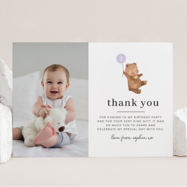 Bear Purple Balloon Photo Thank You Card (Creator Uploaded)