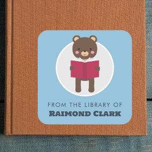 Bear reading bookplate square sticker