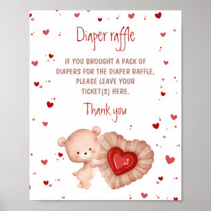 Bear Red Heart Baby Shower Diaper Raffle Sign
