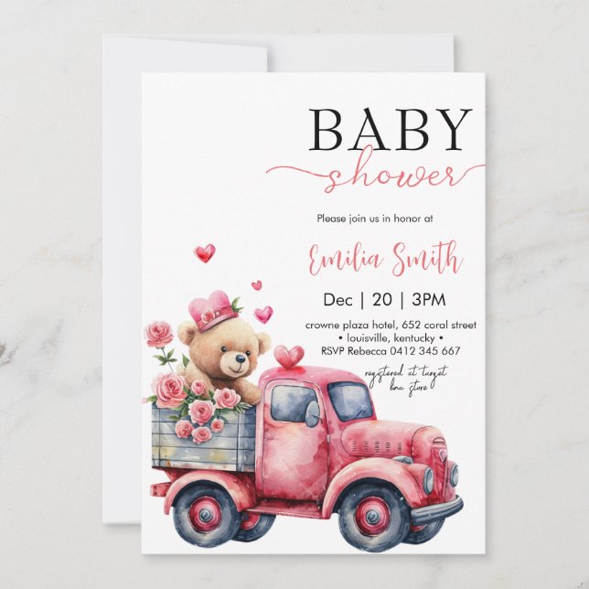 Bear Red Hearts Truck Baby shower Invitation (Front)